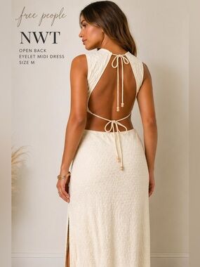 Free People Ivory Eyelet Open Back Midi Dress Side Slit Size M NWT